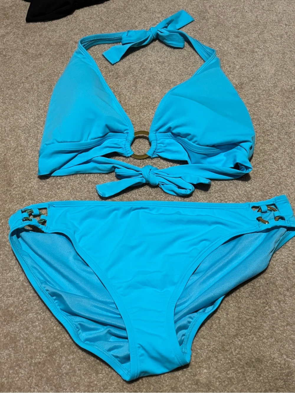 Bright Turquoise Halter Bikini Set with Ring Detail - Women Swim